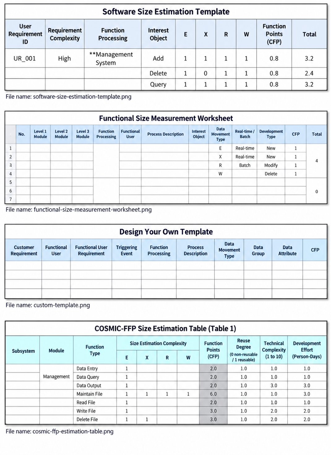 Examples of COSMIC measurement templates